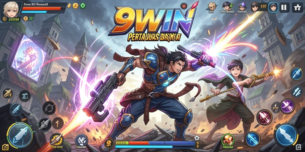 Screenshot utama 9WIN menampilkan pertarungan karakter anime yang seru.