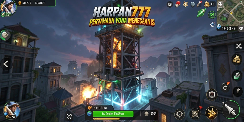 Screenshot menunjukkan aksi pertahanan menara yang intens di HARAPAN777.