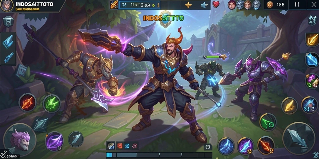 Screenshot INDOSATTOTO menampilkan aksi seru dalam arena MOBA.