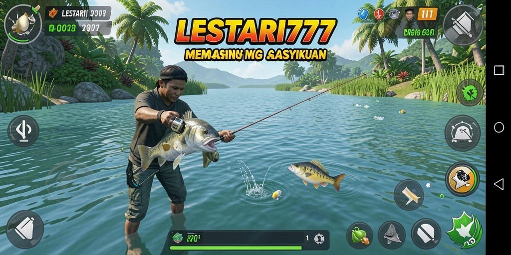 Screenshot utama LESTARI777 menampilkan gameplay memancing yang mendebarkan.