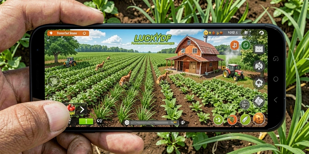 Tampilan screenshot utama LUCKYDF yang menggambarkan keseruan bermain game Farming.