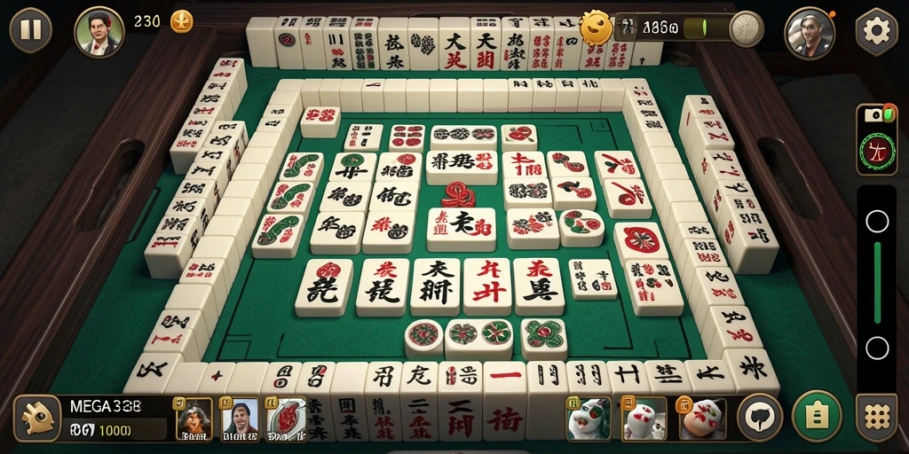 Tampilan gameplay <strong>MEGA338</strong> yang menonjolkan ubin Mahjong.