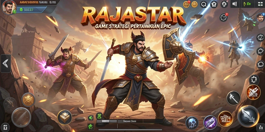 Screenshot dari gameplay mendalam RAJASTAR yang menampilkan strategi perang.
