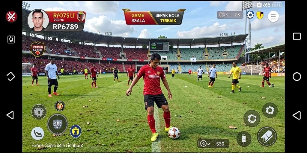Screenshot gameplay RP6789 menunjukkan aksi seru di lapangan sepak bola.